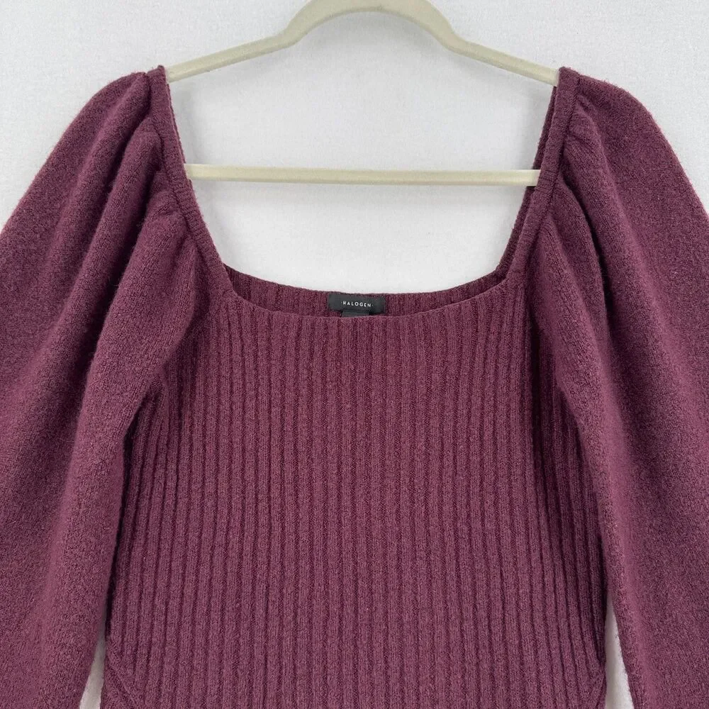 Halogen Sweater Women S Burgundy Square Neck Balloon Sleeve Wool Blend Cropped